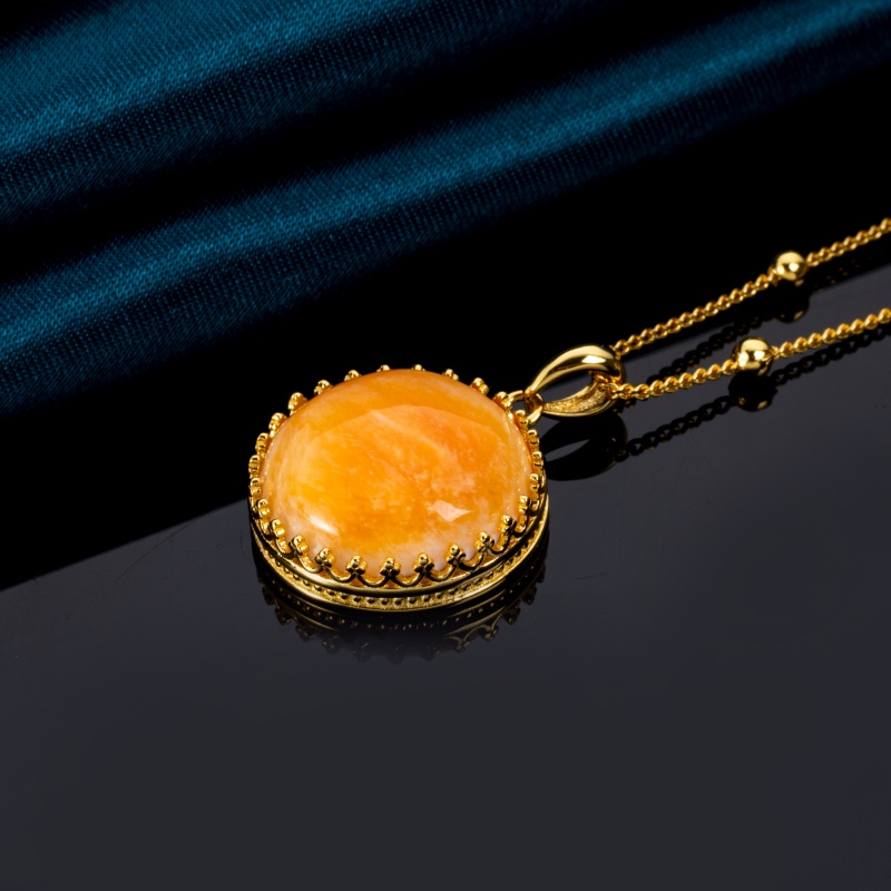 Sunset Orange Round Necklace - Natural Spiny Oyster Shell Pendant with 18K Gold Accent Chain