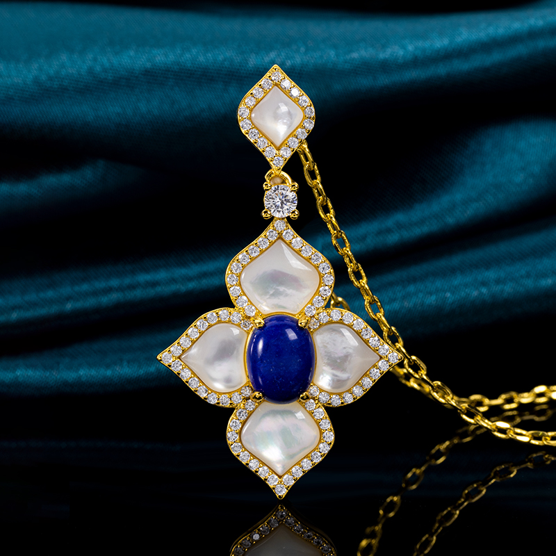 Natural Lapis Lazuli & White MOP Clover Necklace