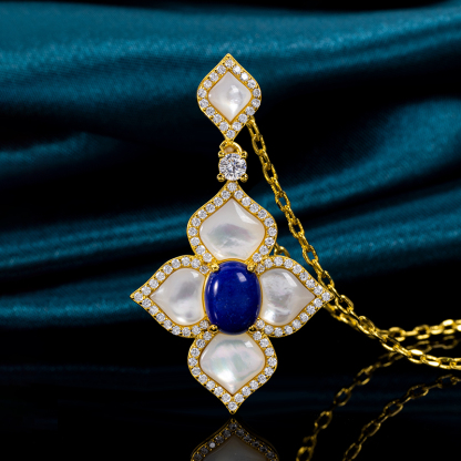 Natural Lapis Lazuli & White MOP Clover Necklace