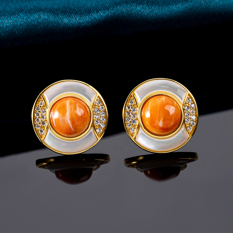 Luxury Geometric Circular Stud Earrings with Natural Spiny Oyster Inlay