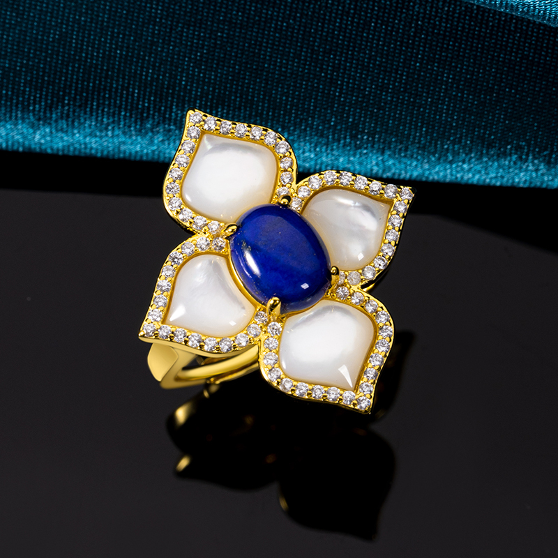 Blue Lapis Mother-of-Pearl Clover Ring Lucky