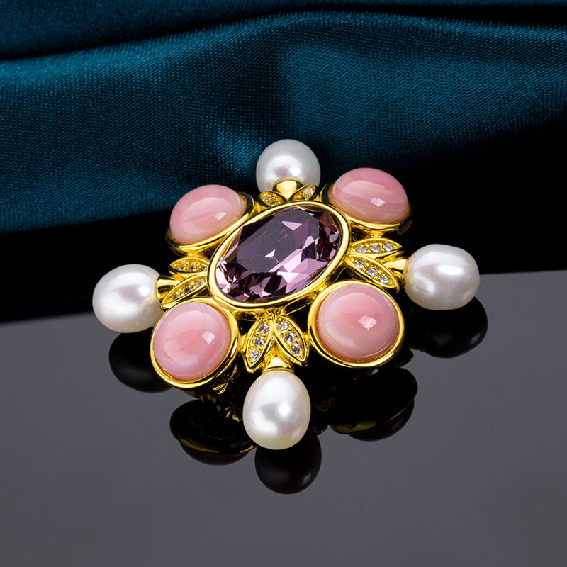 Designer Queen Conch & Pearl Floral Brooch