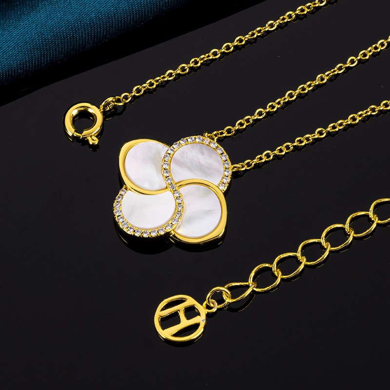 Elegant Clover White MOP & CZ Pendant