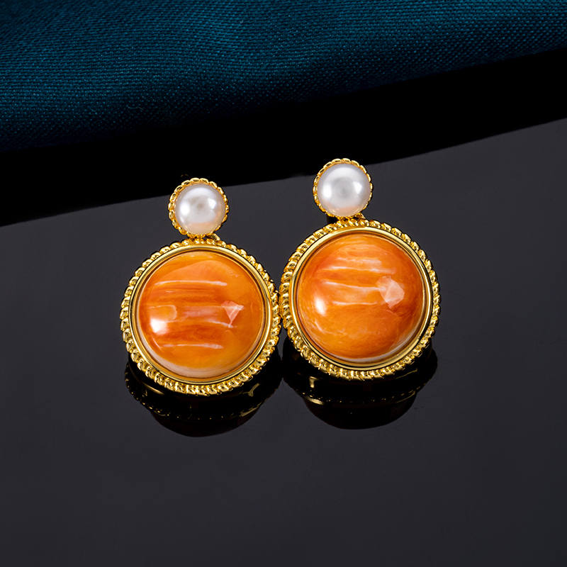 2025 Bestselling Natural Spiny Oyster Shell Round Studs - Glamorous Inlaid Earrings for Sweet Style, Hypoallergenic Wholesale Jewelry with Bulk Order Discounts