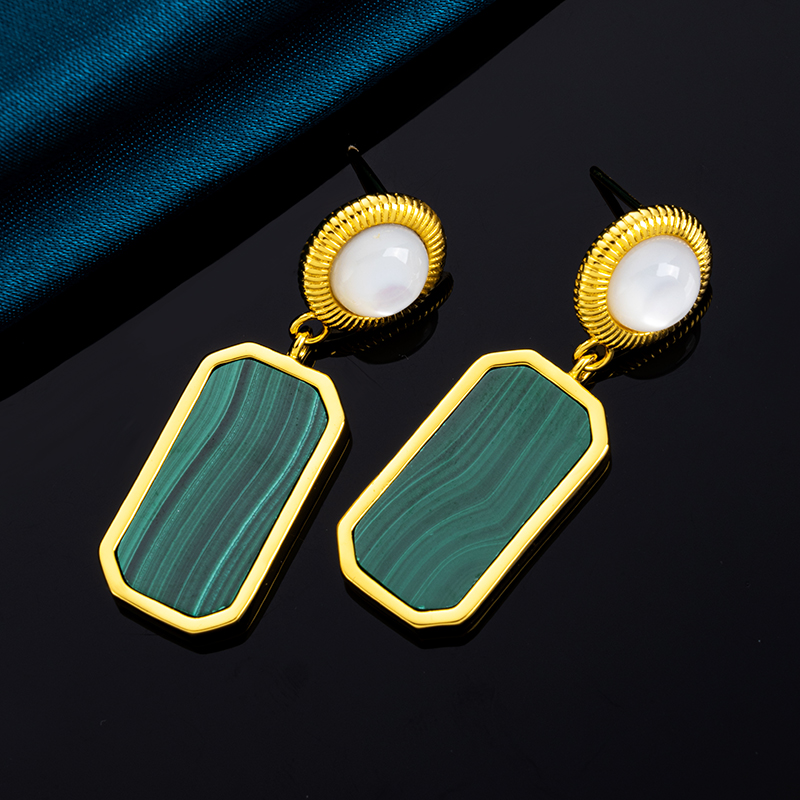 Vintage Style Square Malachite Drop Earrings