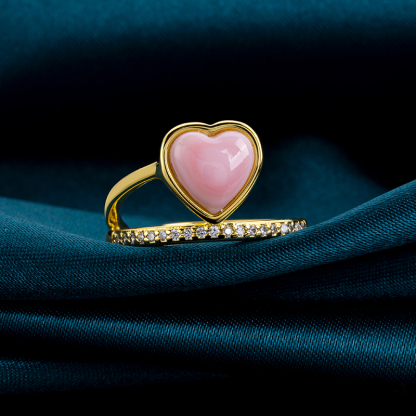 Sweet Pink Conch Heart Ring with Pavé Diamonds