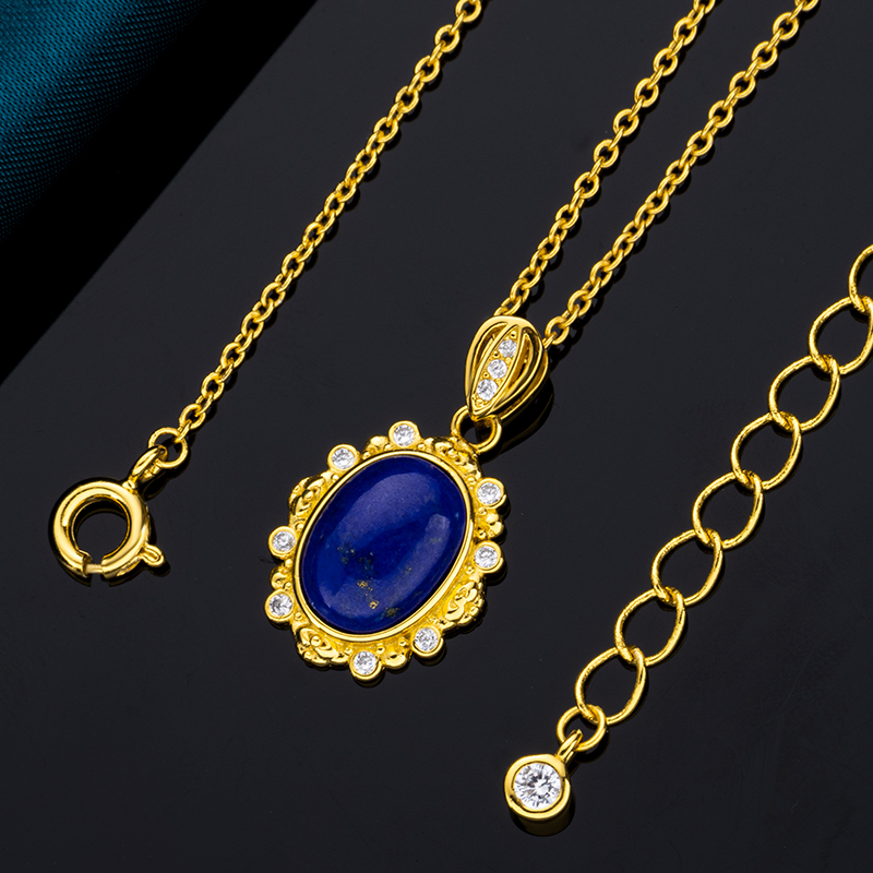 French Vintage Oval Necklace: Natural Lapis Lazuli 