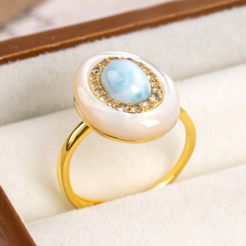 Larimar & MOP Oval Ring - Natural Gemstone Resort Elegance
