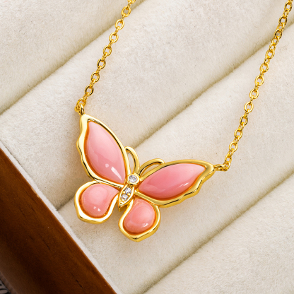 Pink Butterfly Pendant Necklace - Natural Queen Conch, Brightening Skin