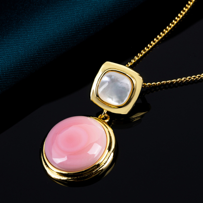 French Baroque Necklace: Round Conch & Square MOP, Luxury pendant