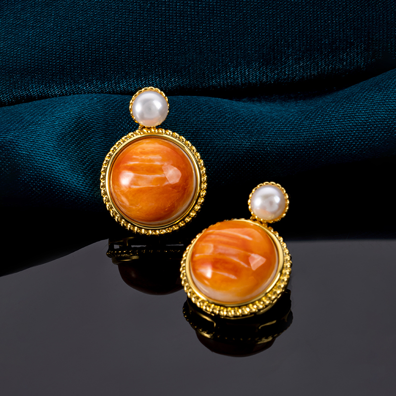 2025 Bestselling Natural Spiny Oyster Shell Round Studs - Glamorous Inlaid Earrings for Sweet Style, Hypoallergenic Wholesale Jewelry with Bulk Order Discounts