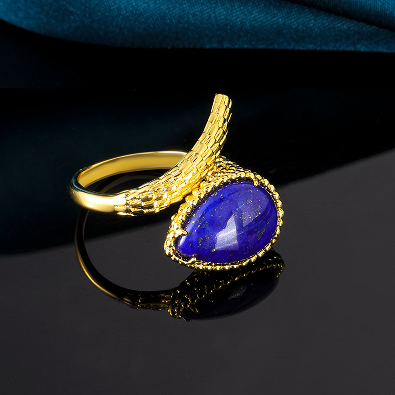 Lapis Lazuli Serpent Ring – Thick 18K Gold Plated Bold Statement Jewelry, Instagram-Worthy Index Finger Ring