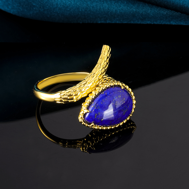 Lapis Lazuli Serpent Ring – Thick 18K Gold Plated Bold Statement Jewelry, Instagram-Worthy Index Finger Ring