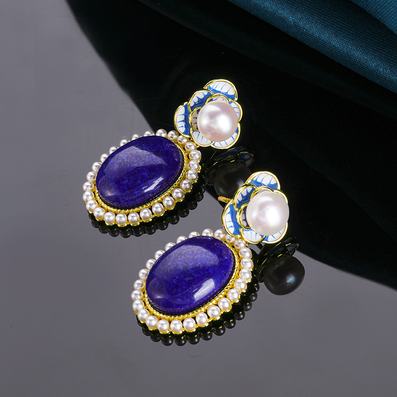 Genuine Lapis Lazuli & Freshwater Pearl Studs in 14K Gold | Women's Luxury Minimalist Jewelry - Certified Natural Gemstone Earrings