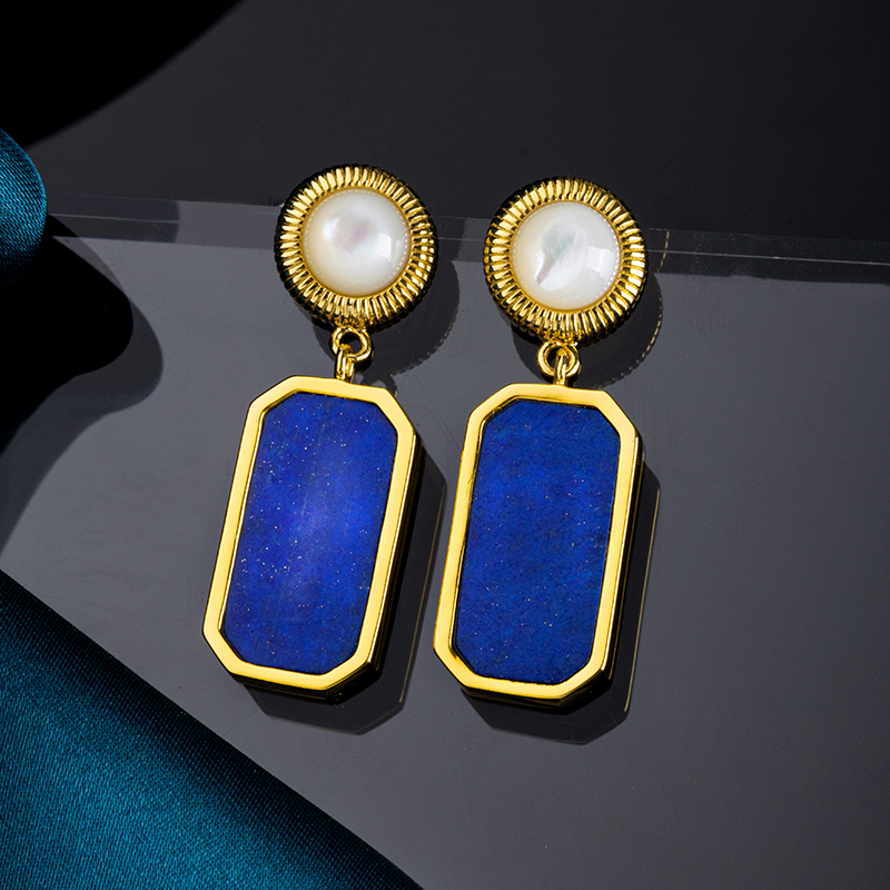 Square Lapis Lazuli & Mother of Pearl Earrings | 18K Gold Plated Geometric Studs & Drops - Modern Minimalist Luxury Jewelry with Art Deco Elegance