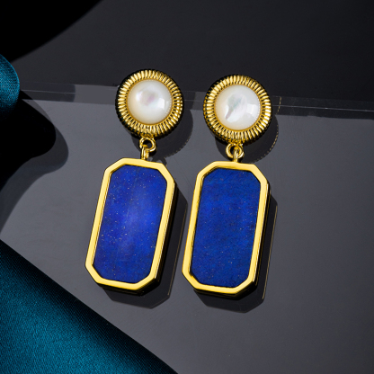 Square Lapis Lazuli & Mother of Pearl Earrings | 18K Gold Plated Geometric Studs & Drops - Modern Minimalist Luxury Jewelry with Art Deco Elegance
