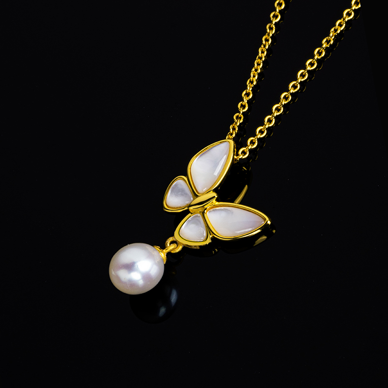 Natural Mother of Pearl & Pearl Butterfly Necklace