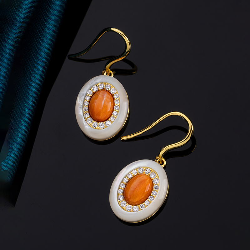 Orange Spiny Oyster Earrings – Oval Shell Dangle Drop, Boho Beach Jewelry for Women
