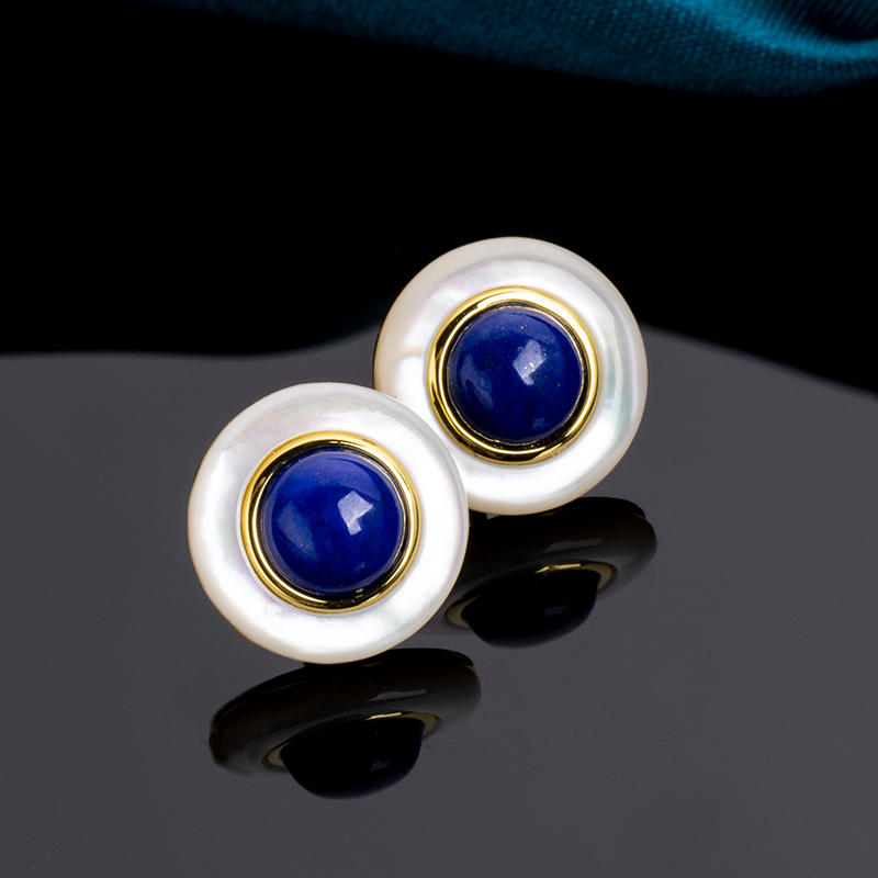 Minimalist Lapis Lazuli Round Stud Earrings - Bohemian Style