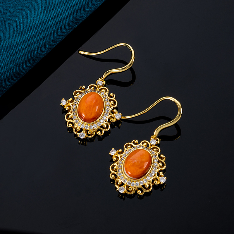 French Court-Style Oval Earrings with Natural Spiny Oyster Shell