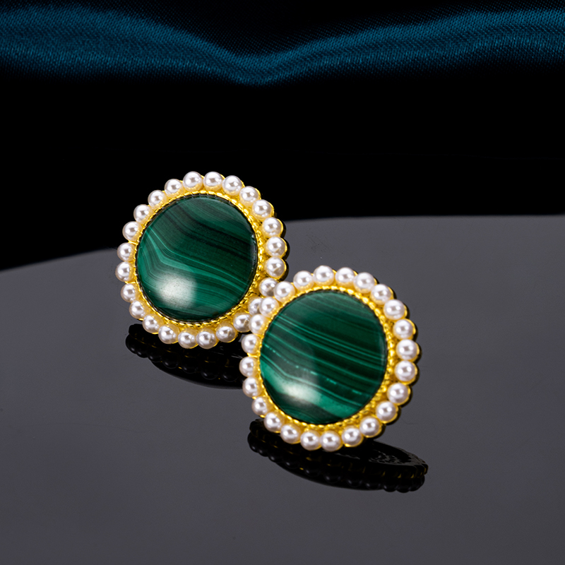 Trendy Malachite Pearl Stud Earrings