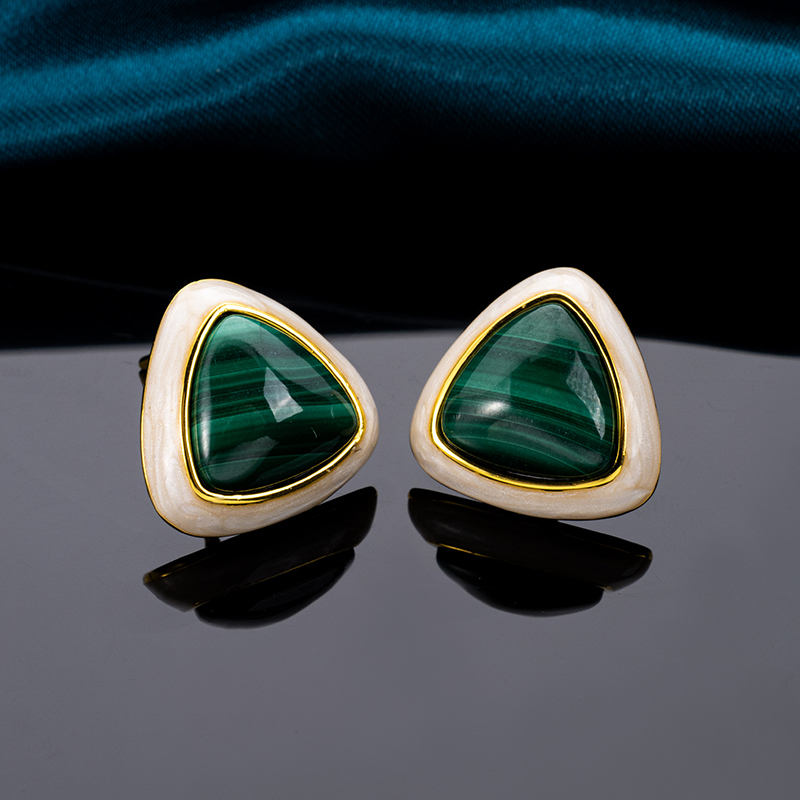 Triangular Resin-Coated Natural Malachite Earrings