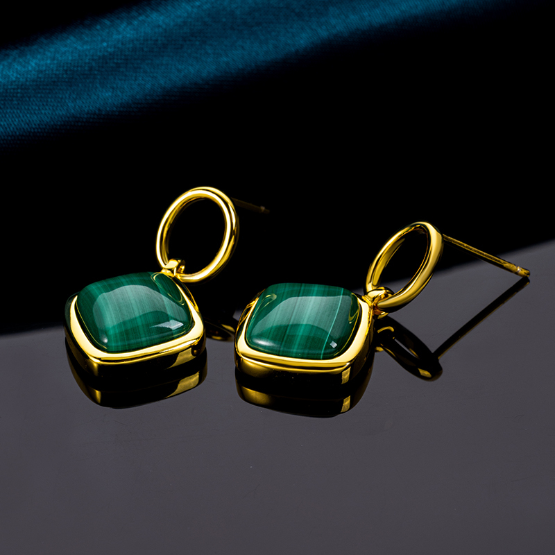 Minimalist Square Natural Malachite Earrings