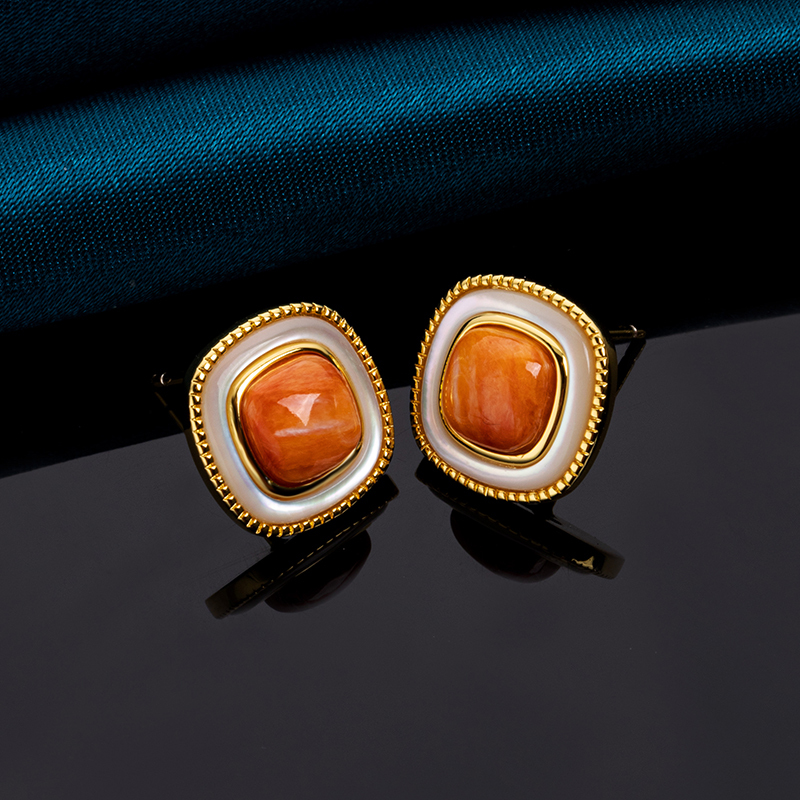 Korean Style Minimalist Square Stud Earrings - Orange-Yellow Natural spiny oyster Shell Jewelry
