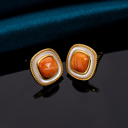 Korean Style Minimalist Square Stud Earrings - Orange-Yellow Natural spiny oyster Shell Jewelry