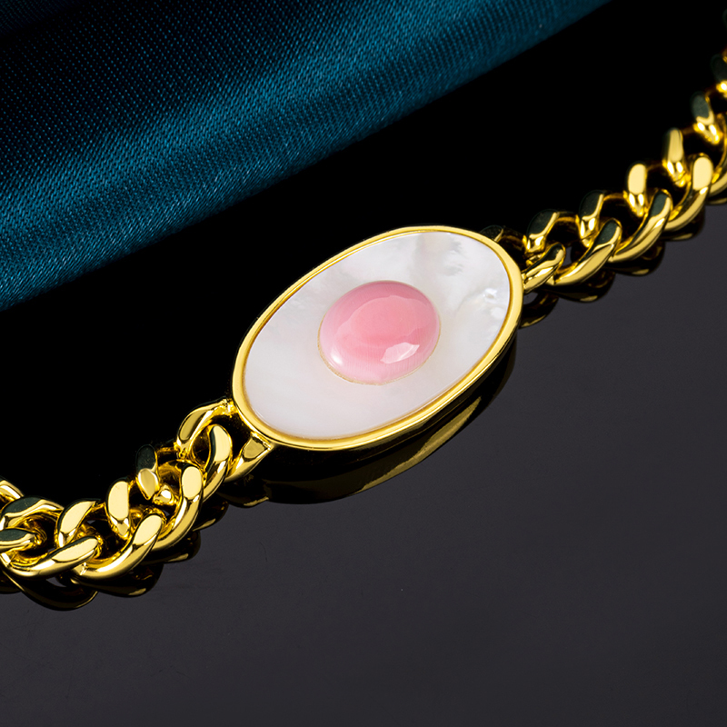 Natural Queen Conch Evil Eye Cuban Chain Bracelet