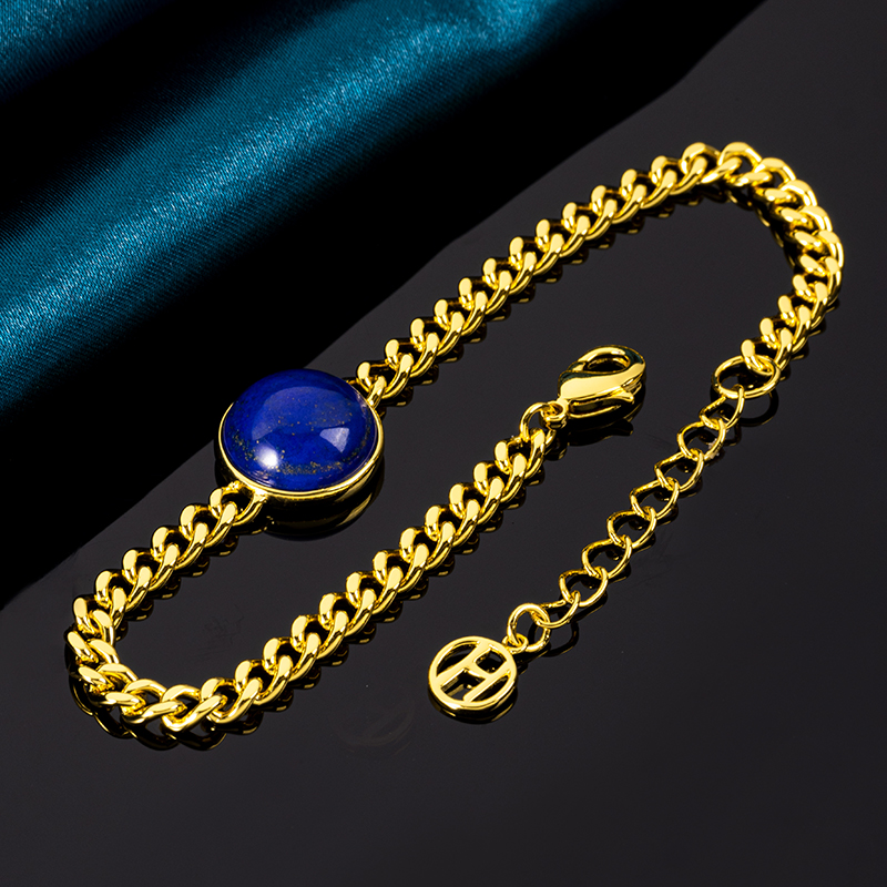 Round Lapis Lazuli Cuban Chain | Women's Bracelet