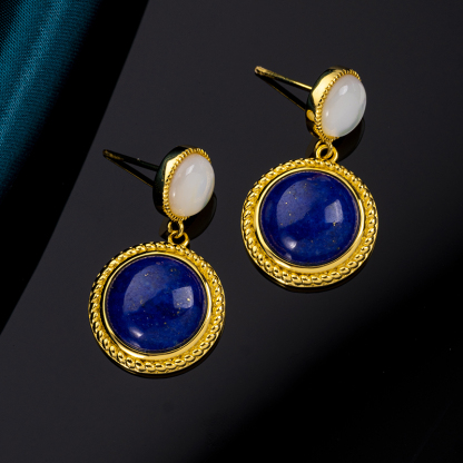 Natural Lapis Lazuli Classic Vintage Round Drop Earrings