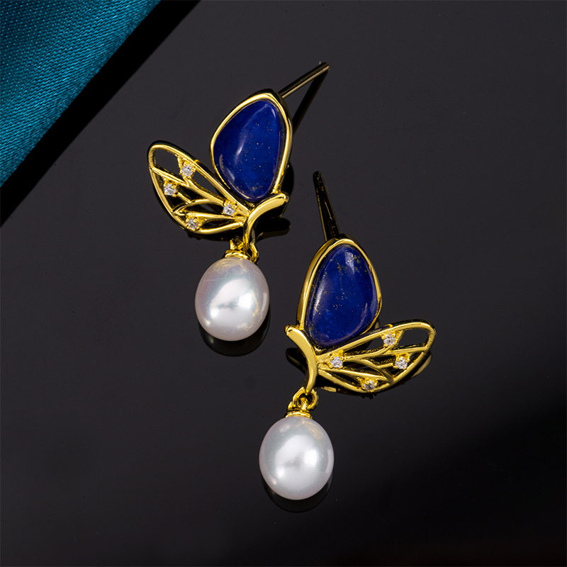 Lapis Butterfly & Pearl Drop Earrings | Natural Gemstone