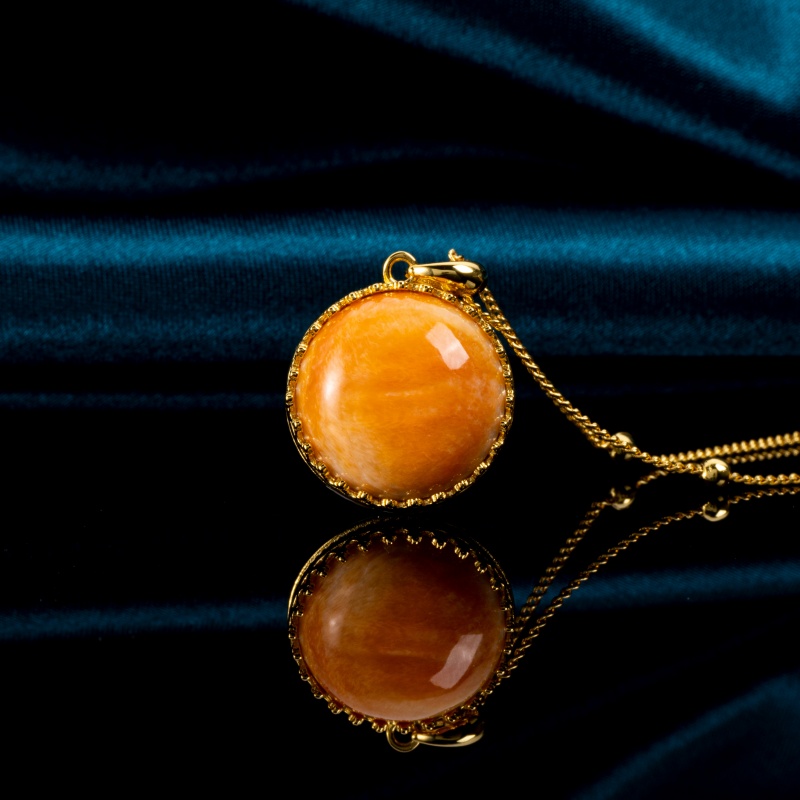 Sunset Orange Round Necklace - Natural Spiny Oyster Shell Pendant with 18K Gold Accent Chain