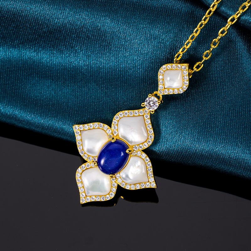 Natural Lapis Lazuli & White MOP Clover Necklace