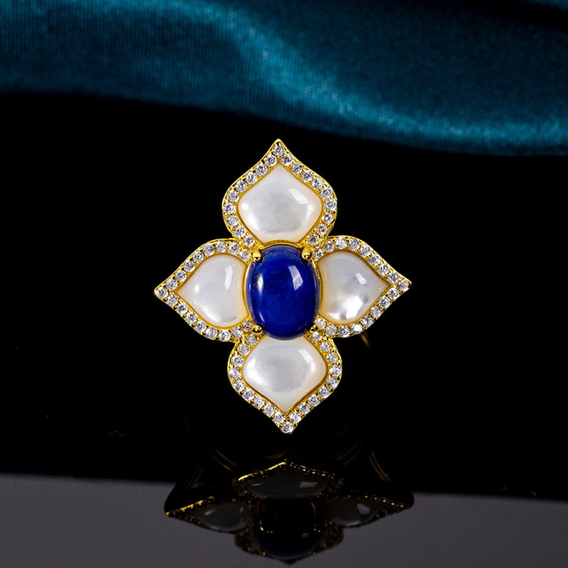 Blue Lapis Mother-of-Pearl Clover Ring Lucky