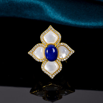 Blue Lapis Mother-of-Pearl Clover Ring Lucky