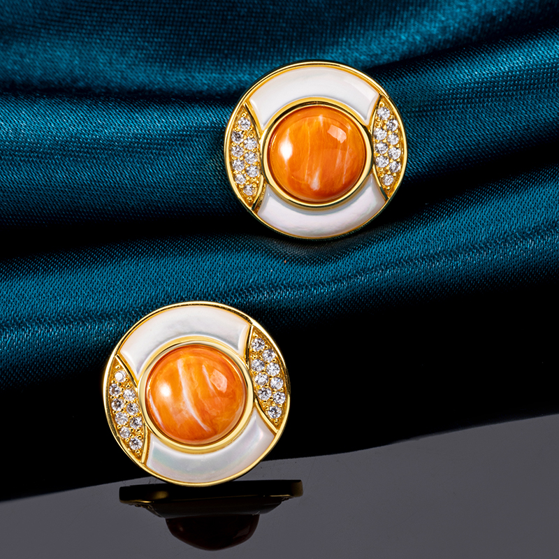 Luxury Geometric Circular Stud Earrings with Natural Spiny Oyster Inlay