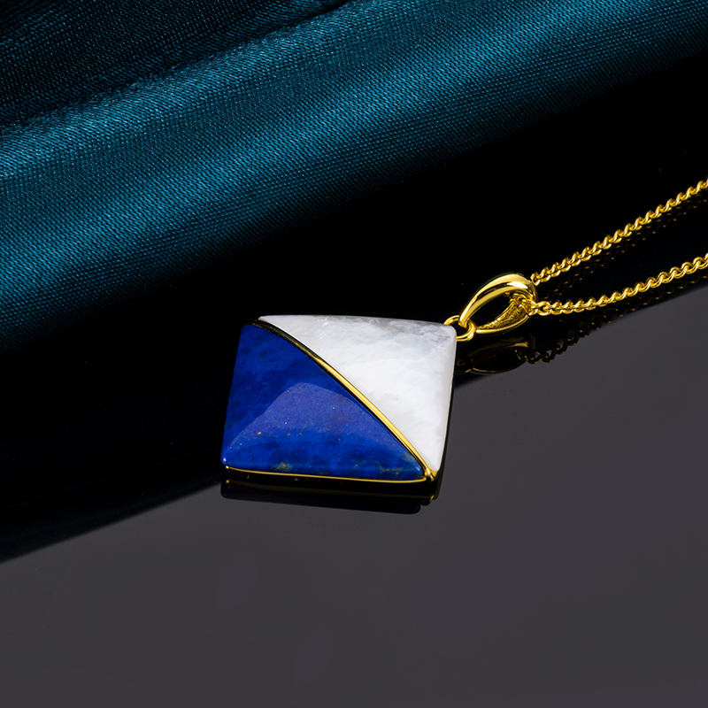 925 Silver Lapis & Pearl Geometric Square Necklace