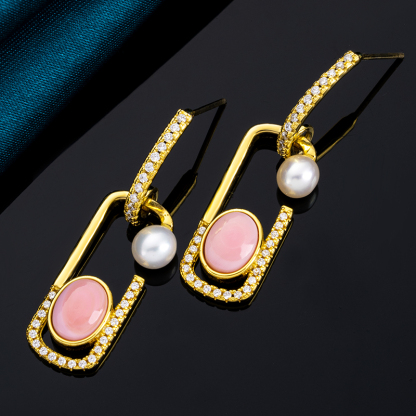 Natural Conch Shell & Pearl Geometric Drop Earrings