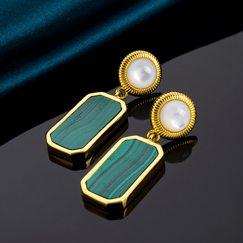 Vintage Style Square Malachite Drop Earrings