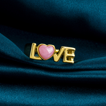 Natural Queen Conch Heart Ring with "Love" Engraved