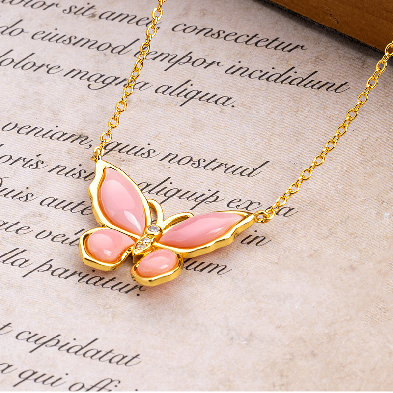 Pink Butterfly Pendant Necklace - Natural Queen Conch, Brightening Skin