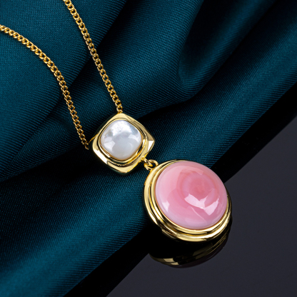 French Baroque Necklace: Round Conch & Square MOP, Luxury pendant
