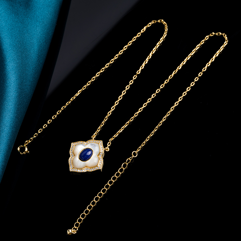 Luxe Blossom Choker - Lapis Lazuli Inlay Pendant, Celestial Gift for Her