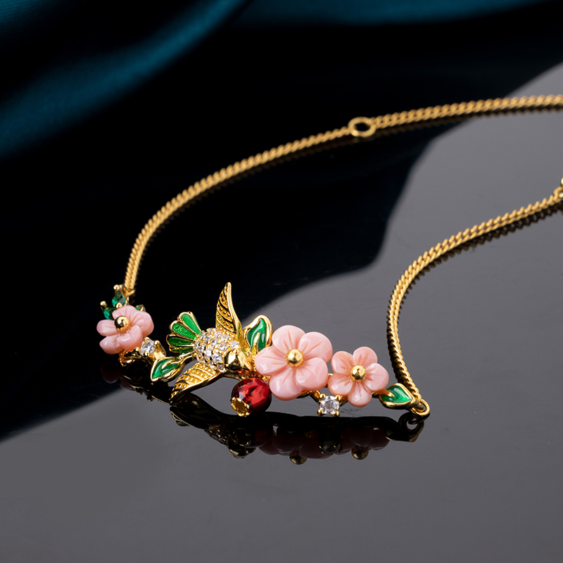 Pink Queen Conch Bracelet: Carved Plum Blossom & Birds | Women