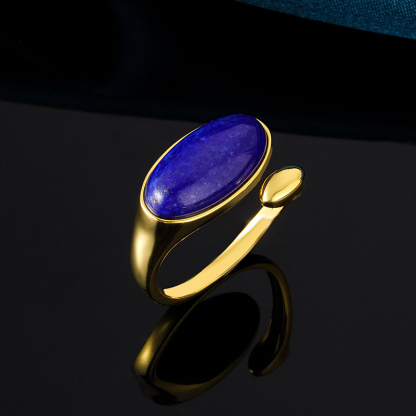 Adjustable Oval Lapis Lazuli Ring - Natural Stone Stackable Jewelry with Open Band