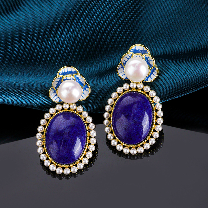 Genuine Lapis Lazuli & Freshwater Pearl Studs in 14K Gold | Women's Luxury Minimalist Jewelry - Certified Natural Gemstone Earrings