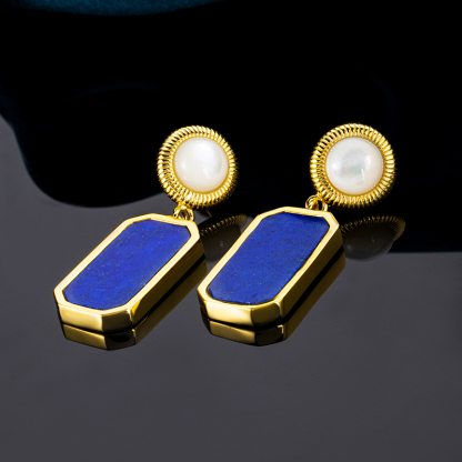 Square Lapis Lazuli & Mother of Pearl Earrings | 18K Gold Plated Geometric Studs & Drops - Modern Minimalist Luxury Jewelry with Art Deco Elegance