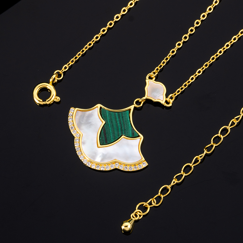 Natural Malachite & Mother of Pearl Mini Dress Necklace - Whimsical Feminine Jewelry with Artisan Charm (Dainty Everyday Elegance) ﻿